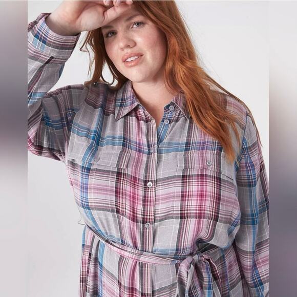 Lane Bryant Gray Pink&Blue Plaid Button Front Shirt Dress Sz.28W NWT - Picture 2 of 16